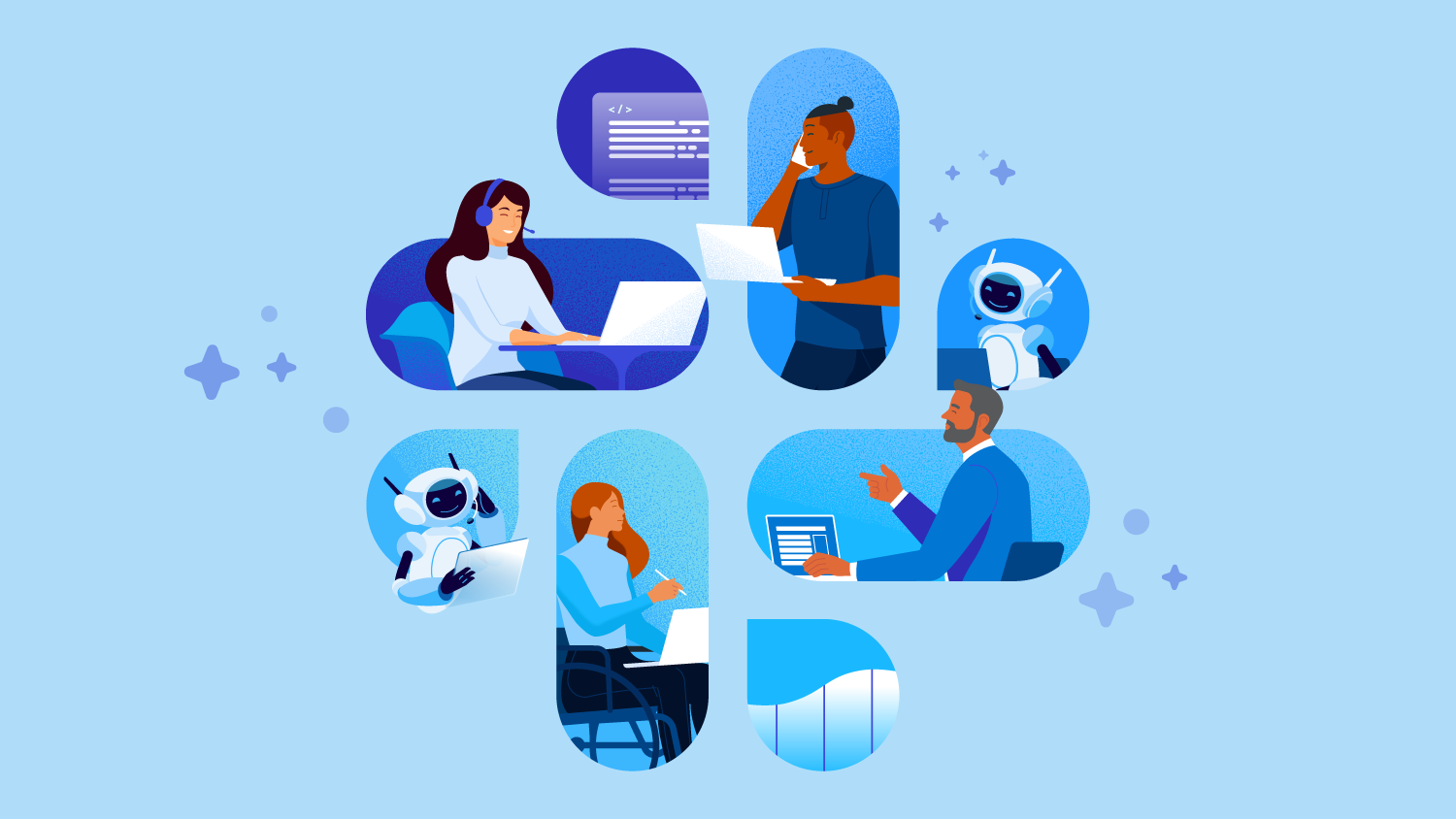 An illustration showing people working with AI agents in different office scenarios