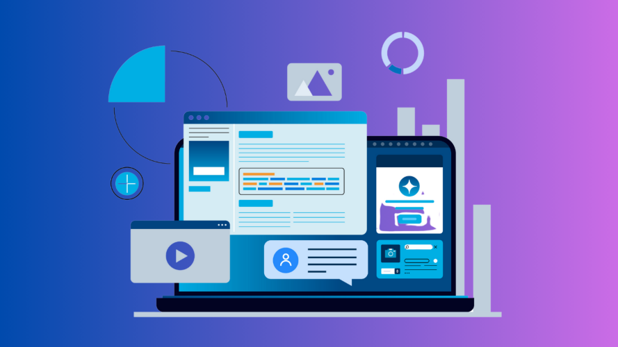 Illustration of a laptop with various dialog boxes and chat windows floating in the foreground.