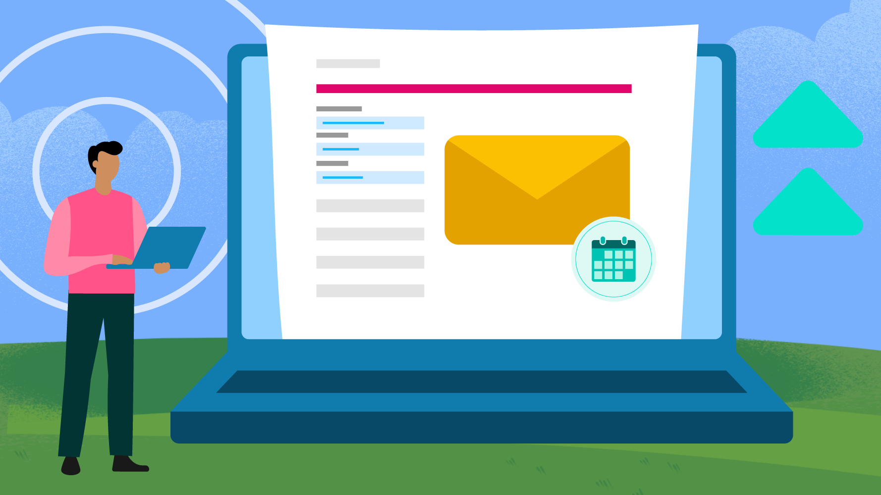 An illustration of a person standing next to a laptop displaying an email and a calendar icon, representing an optimized email sales cadence.