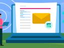 An illustration of a person standing next to a laptop displaying an email and a calendar icon, representing an optimized email sales cadence.