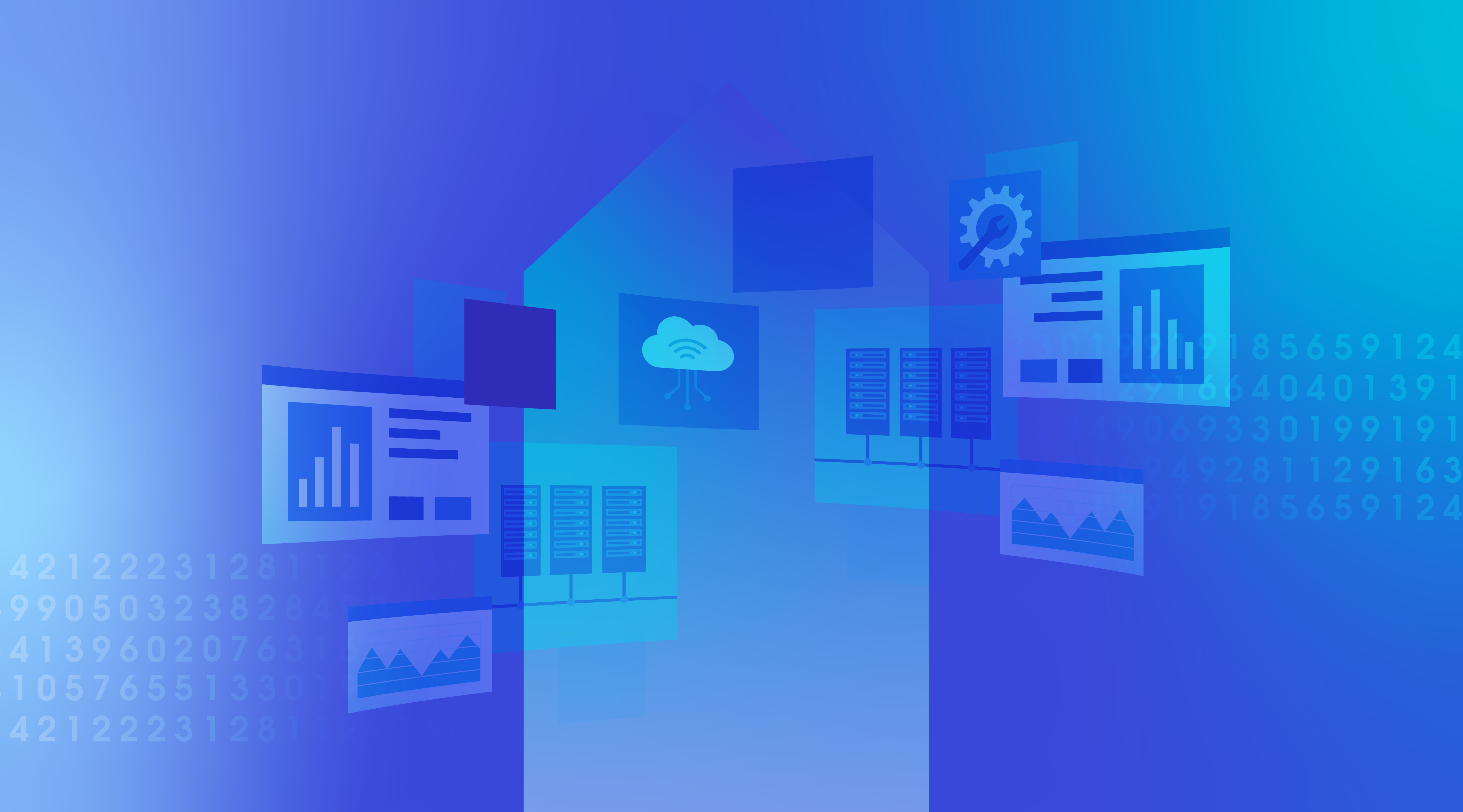 A room with numbers, graphs, and a settings symbol