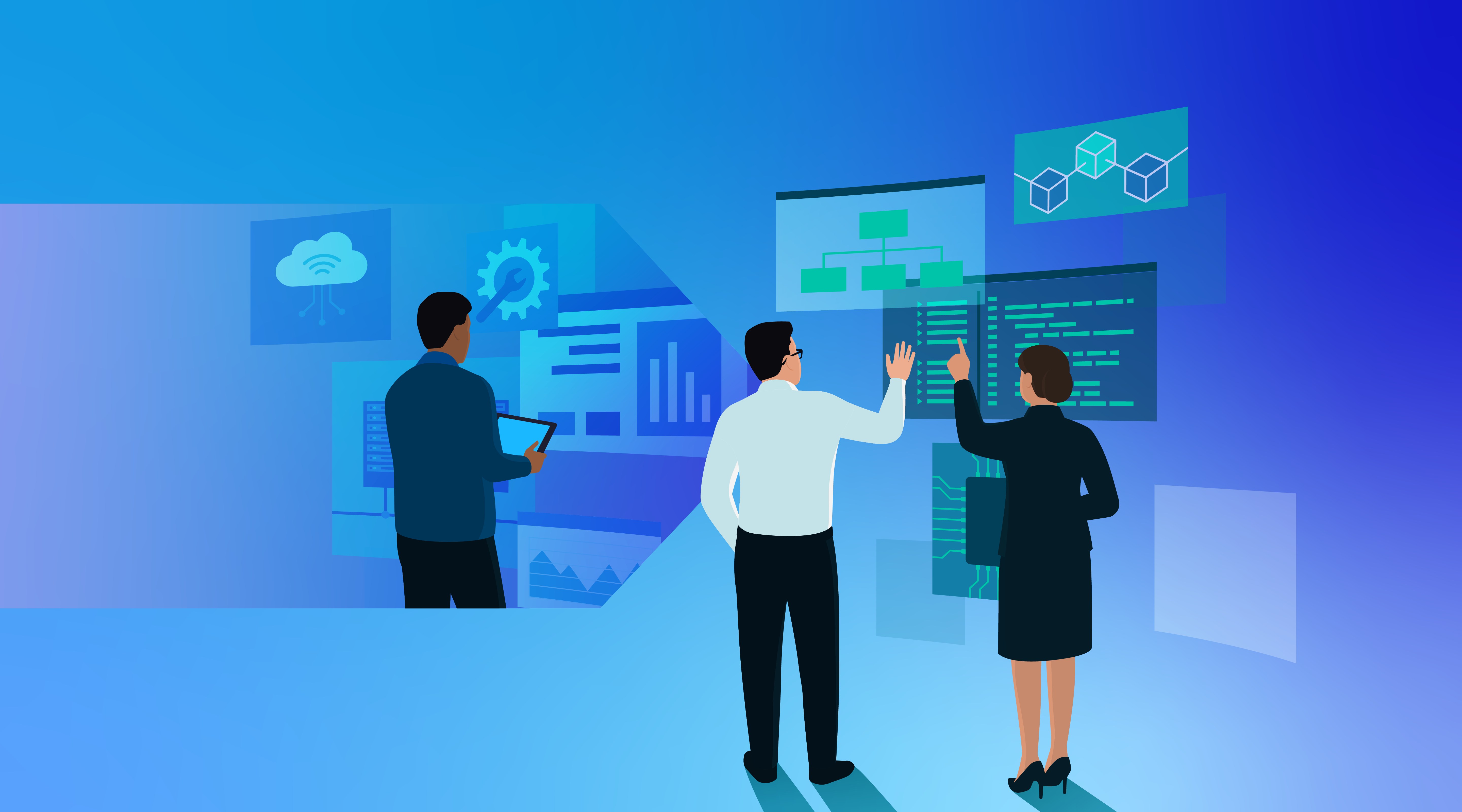 Three people examining graphs and slides