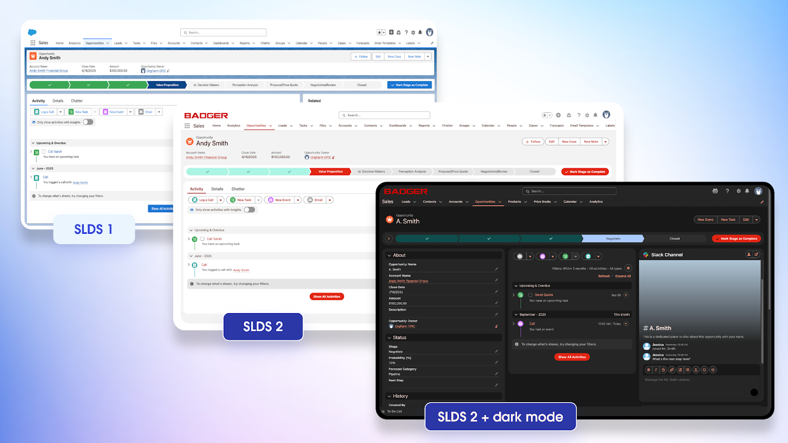 A cascade of three screens showing the evolution of Salesforce UI, starting with SLDS 1, SLDS 2, and SLDS 2 with dark mode.