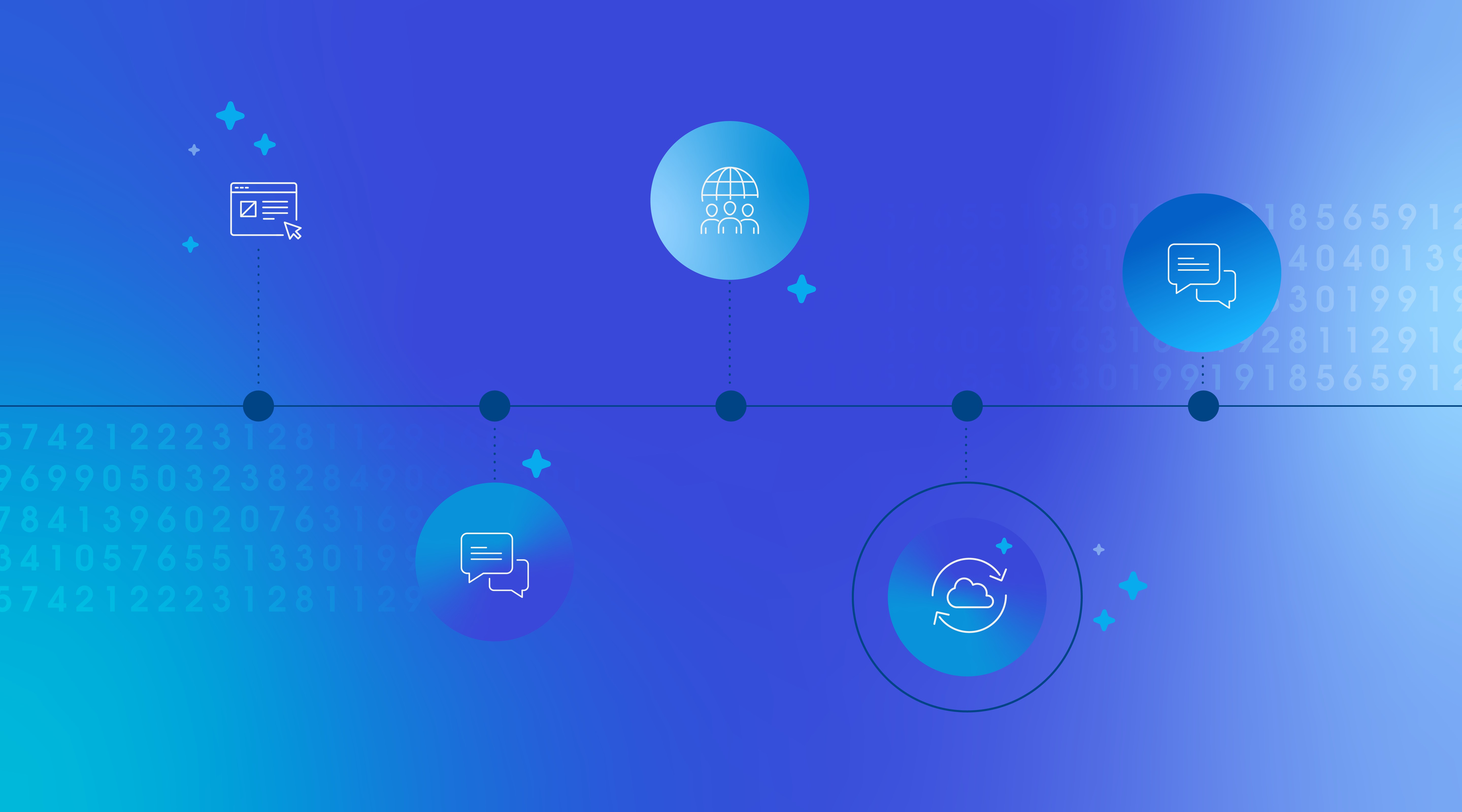 Numbers, texting images, and tech symbols against a blue background