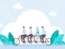 Illustration of tandem bike with three humans and one bot to signify collaboration.