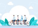 Illustration of tandem bike with three humans and one bot to signify collaboration.