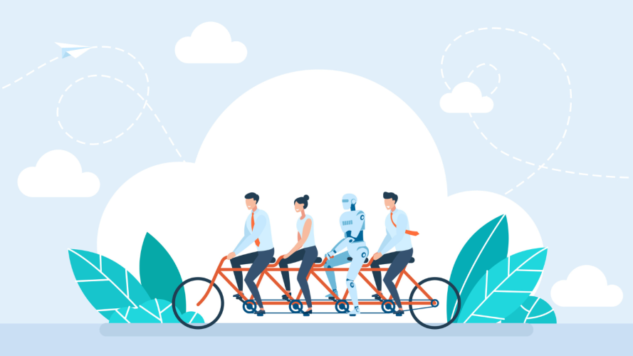 Illustration of tandem bike with three humans and one bot to signify collaboration.