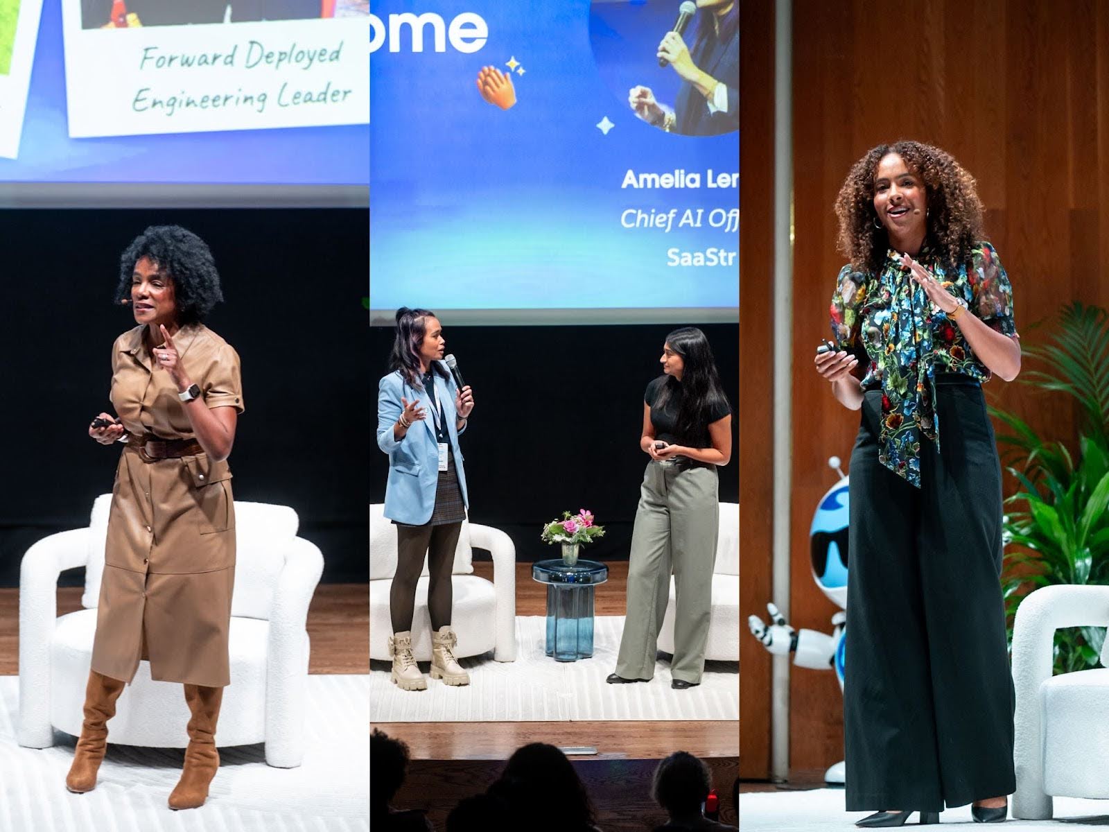A three-part collage featuring Leah McGowan-Hare on the left, Amelia Lerutte and Sanjna Parulekar in the center, and Dr. Rachel Gillum on the right. All are presenting onstage to an audience with white club chairs and dark blue presentations on the display screen behind them.