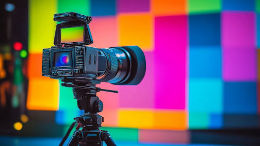 A recording studio showing microphone, multiple screens to record for the creator economy, with sparkling lights and bold colors.