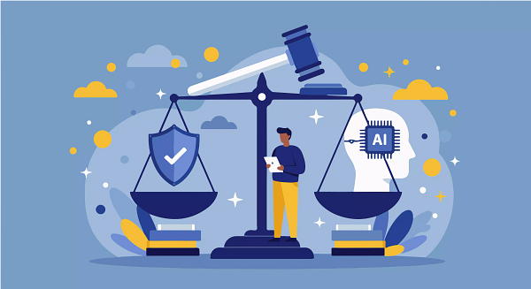 A scale weighs a security shield against an AI-powered head.