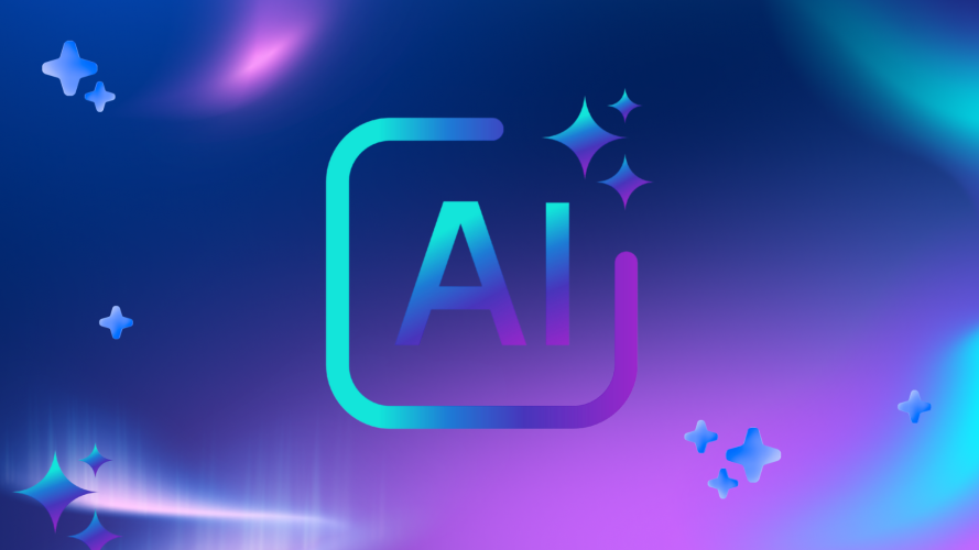 Illustration of a computer with AI cloud on screen, in purple and dark theme.