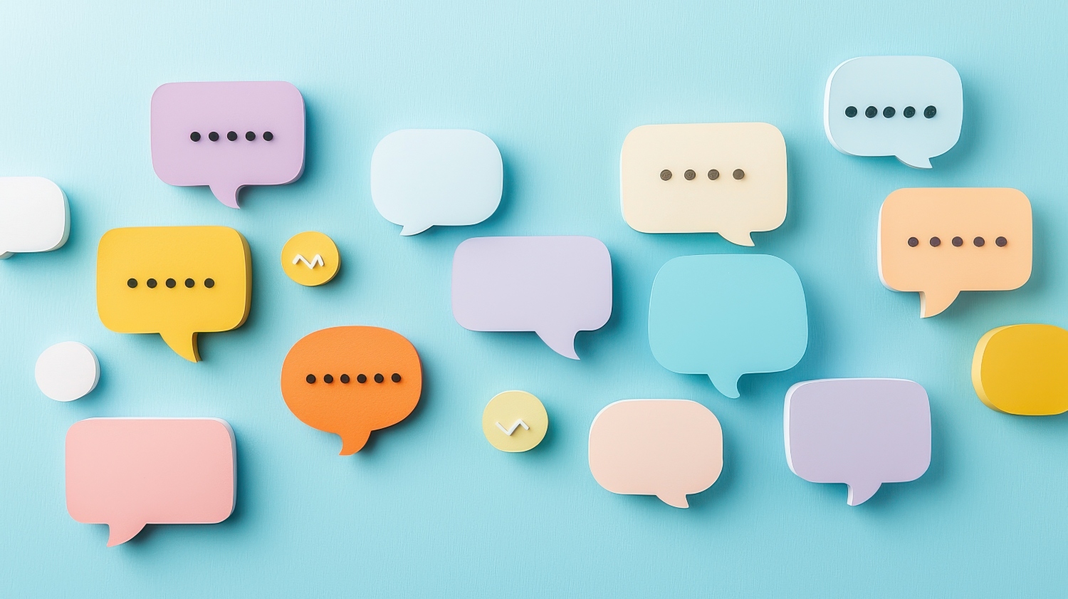 Illustration of several speech bubbles in color on a blue background simulating team communication.