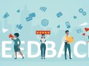 Illustration of a small team using customer feedback with icons, stars, and apps across a blue background and the font &lsquo;feedback&rsquo;.