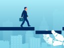 Illustration of a small business owner walking on ledges an AI arm holds up on a blue background.