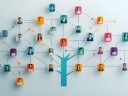 An illustration of an organization chart through a tree with multiple people and colors representing teams.