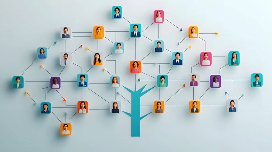 An illustration of an organization chart through a tree with multiple people and colors representing teams.