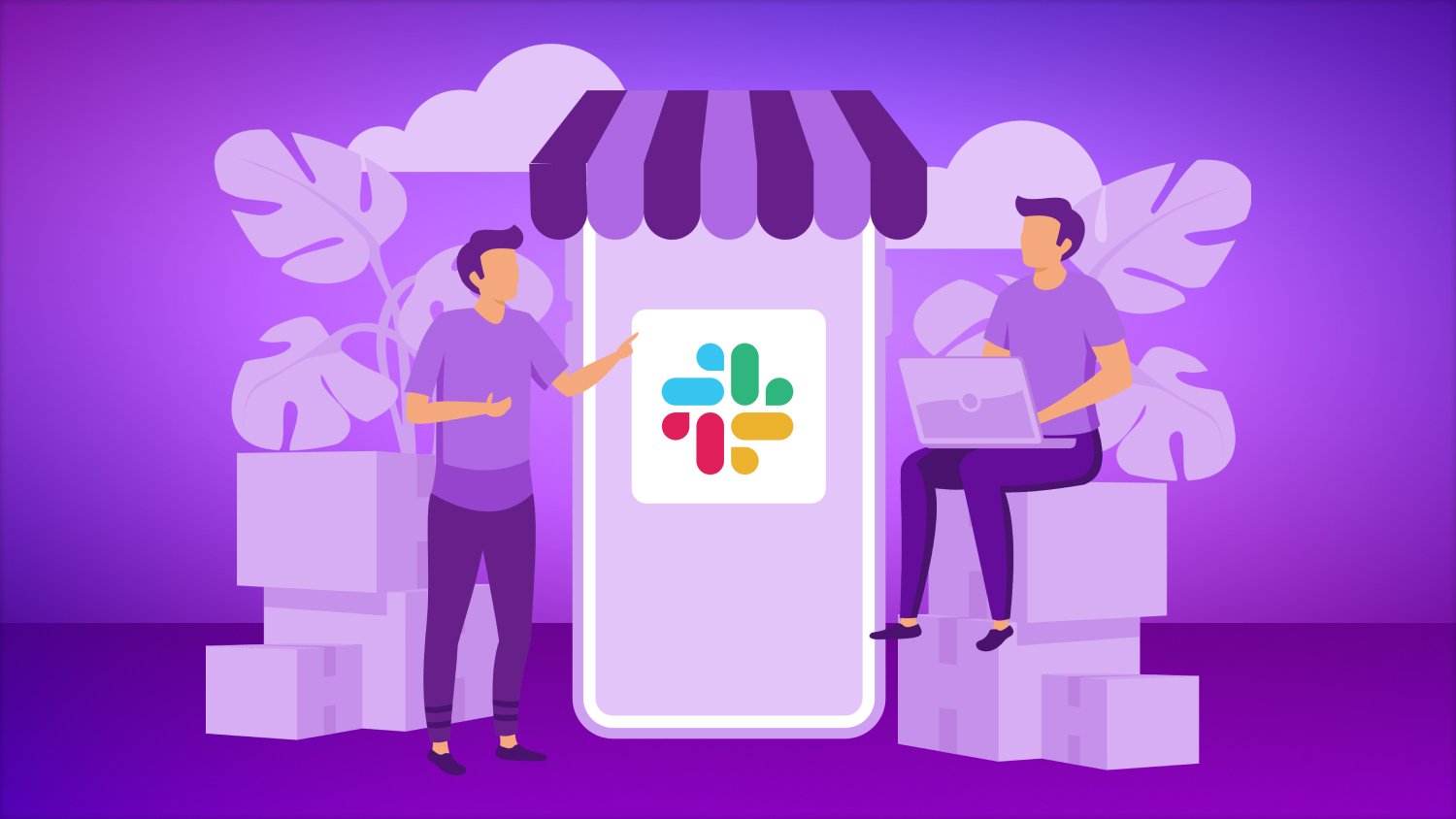 Illustration of two small business leaders using Slack on a mobile phone with purple background.