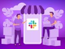 Illustration of two small business leaders using Slack on a mobile phone with purple background.