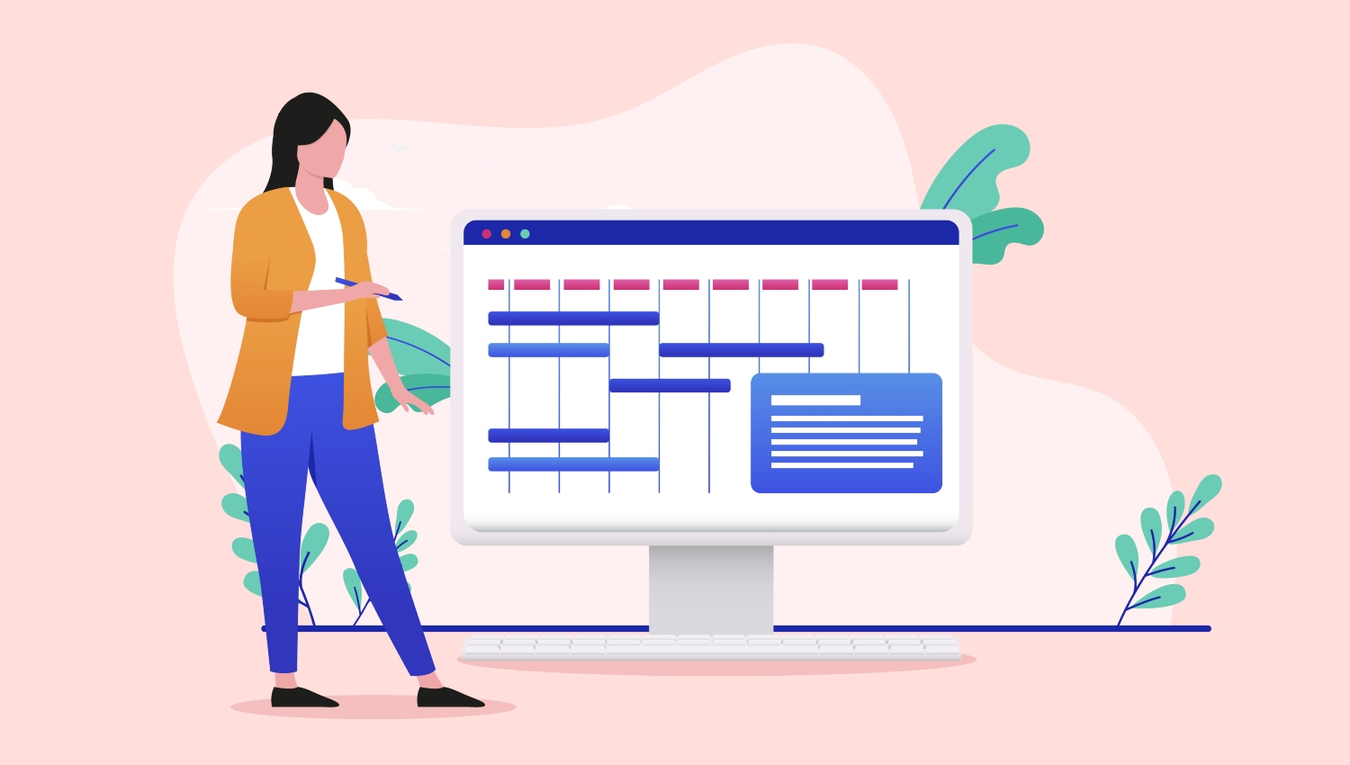 Illustration showing a woman pointing to a calendar enlarged on a computer with a pink background.