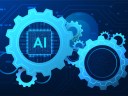 Illustration of future AI technology trends on icons with gears on a dark blue background.