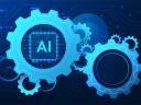 Illustration of future AI technology trends on icons with gears on a dark blue background.