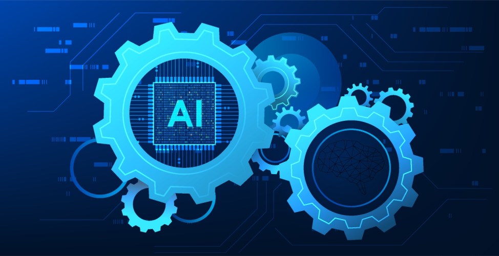 Illustration of future AI technology trends on icons with gears on a dark blue background.