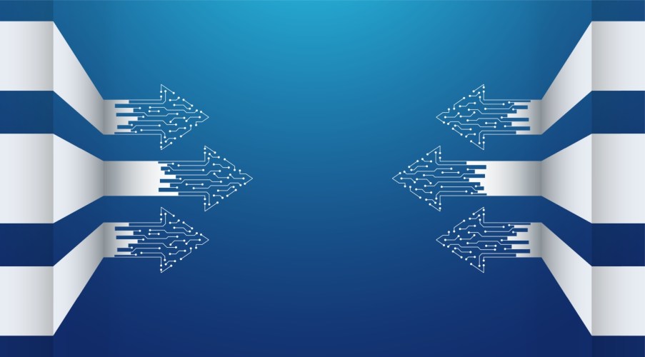 Illustration showcasing two sets of arrows from white to circuits on a blue background, simulating the agentic enterprise.