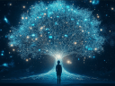 A glowing tree of lights representing data and knowledge, with a person standing before it.