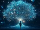 A glowing tree of lights representing data and knowledge, with a person standing before it.