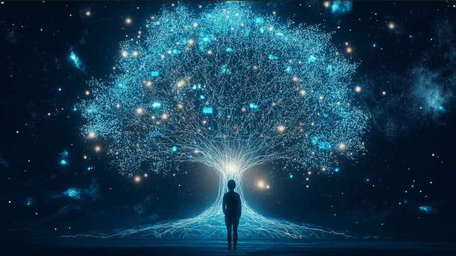 A glowing tree of lights representing data and knowledge, with a person standing before it.