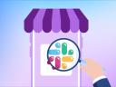 Illustration of the Slack icon on a mobile phone with a small business awning and a magnifying glass hand.