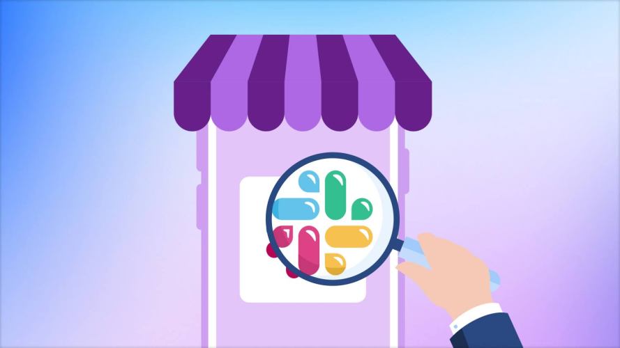 Illustration of the Slack icon on a mobile phone with a small business awning and a magnifying glass hand.