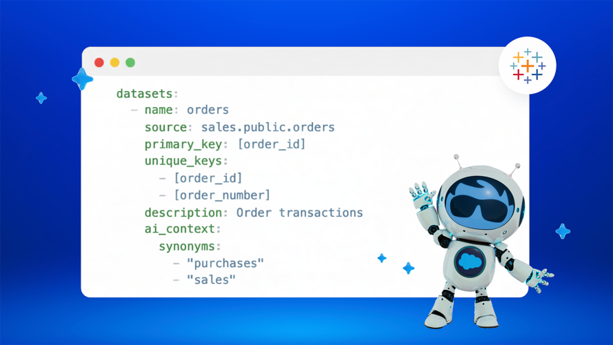 A screen of code shows the Open Semantic Interchange v1 specifications for a sales orders dataset, described as order transactions, with Agent Astro to the side and the Tableau sparkle logo in the top right corner.