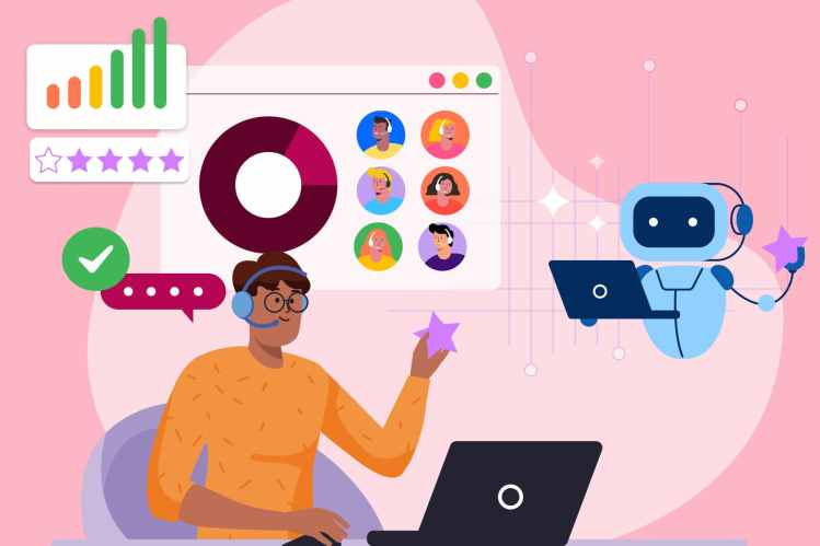Illustration of a supervisor managing a contact center on their computer. Beside them is a robot who is also on a computer.