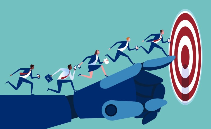 Illustration of a small business team running up an AI robot arm towards a target, representing AI audience targeting.