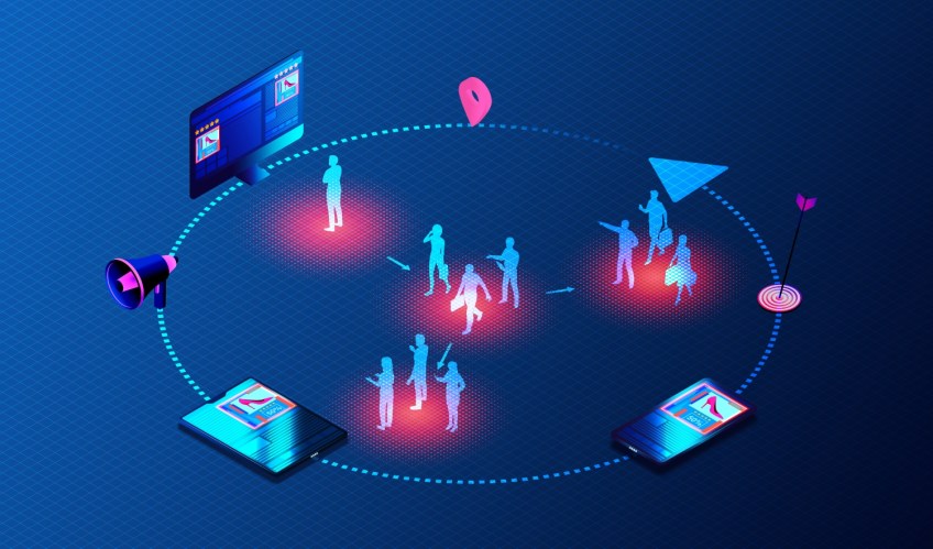 An illustrated concept of the AI customer experience showing a customer journey around in a circle with icons and purchasing tools.