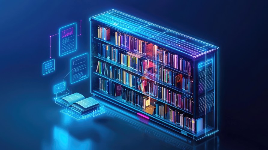 Illustration of a team learning the agentic AI terms for business showing computers, icons, AI bots on a purple background.