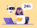 Illustration of helpdesk software and a small business user with an AI chatbot saying 24 hours.