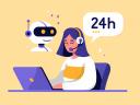 Illustration of helpdesk software and a small business user with an AI chatbot saying 24 hours.
