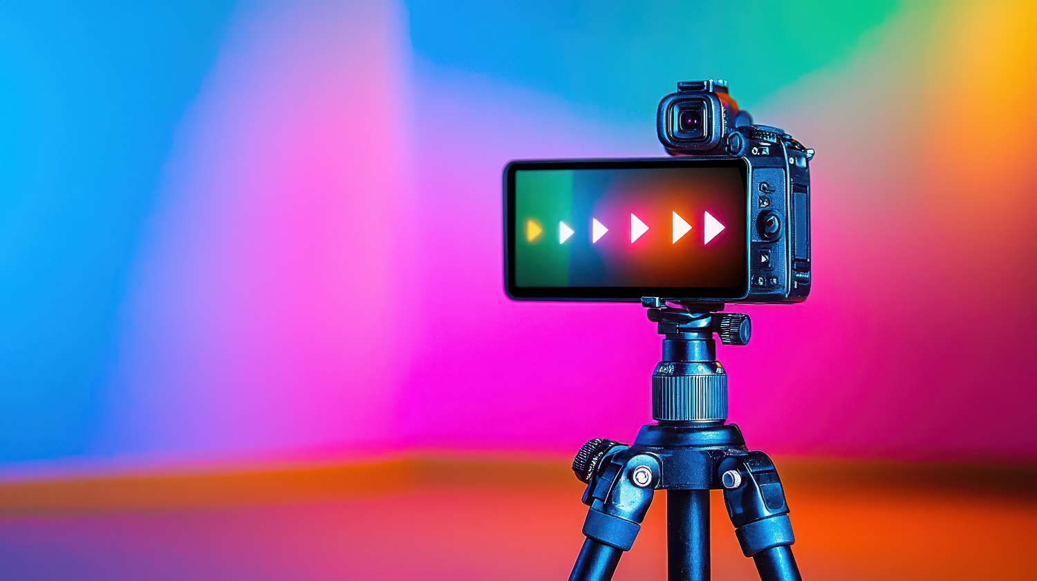 A camera on a tripod with a colorful background.