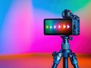 A camera on a tripod with a colorful background.