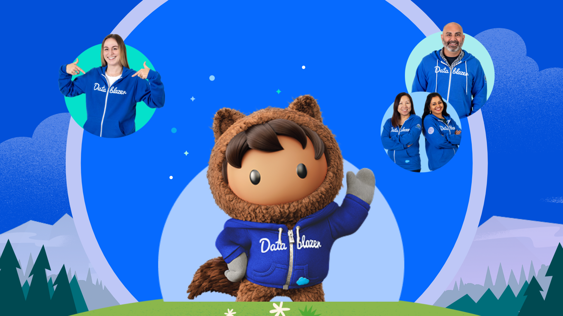 Datablazers in circles on a blue background with Astro wearing a datablazer hoodie.