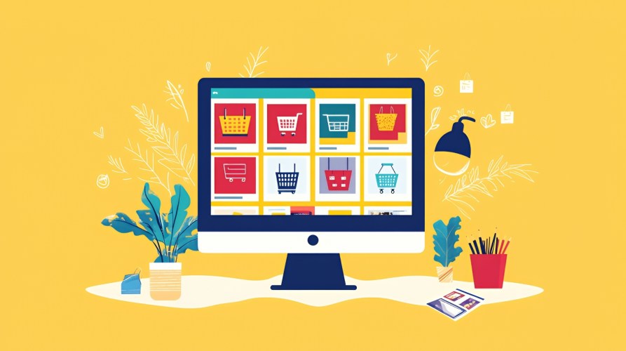 Illustration of an ecommerce website with shopping cart icons on a desk with a yellow background.