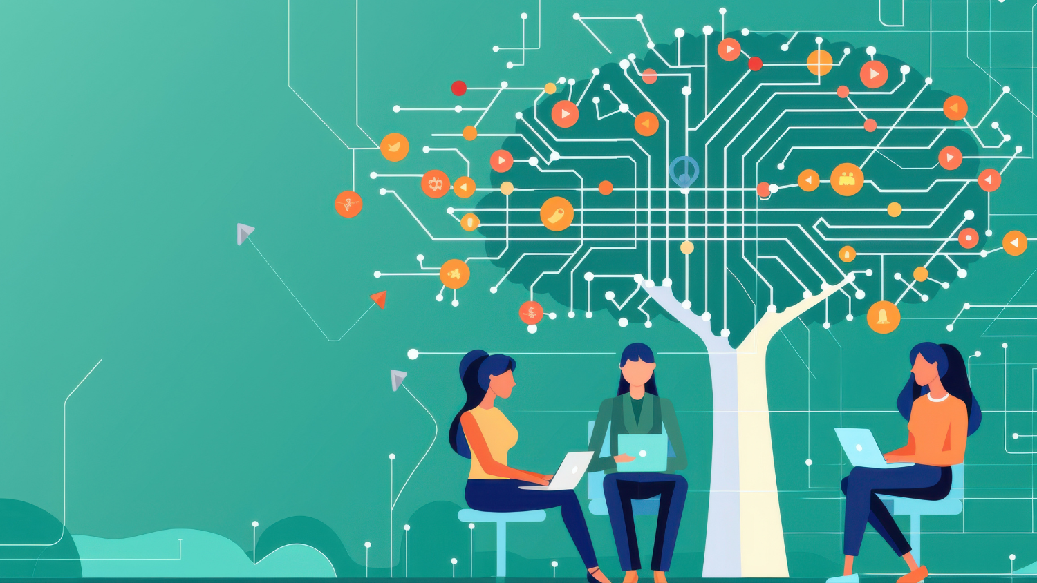 On a green-blue background is an illustration of three women sitting on chairs under a tree. The tree has a network of nodes superimposed on it.