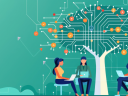 On a green-blue background is an illustration of three women sitting on chairs under a tree. The tree has a network of nodes superimposed on it.