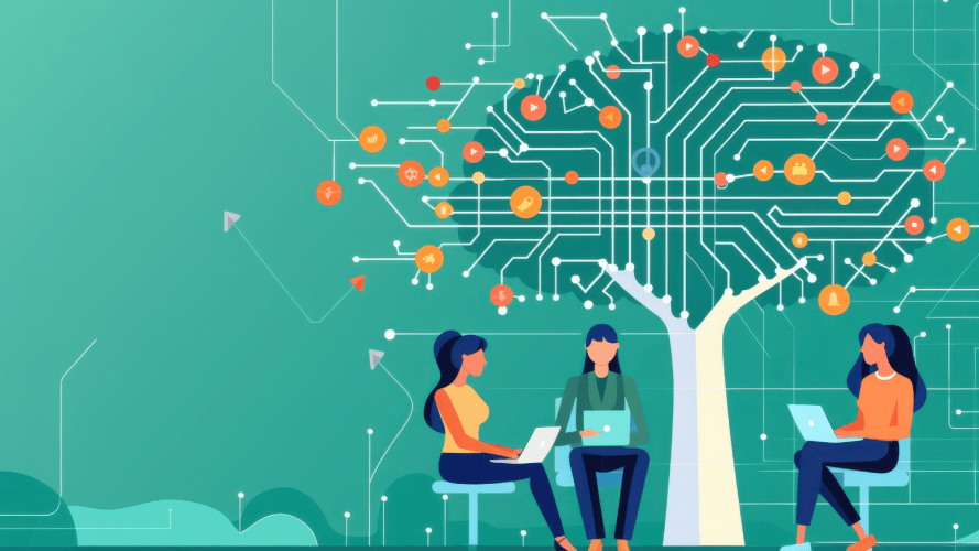 On a green-blue background is an illustration of three women sitting on chairs under a tree. The tree has a network of nodes superimposed on it.