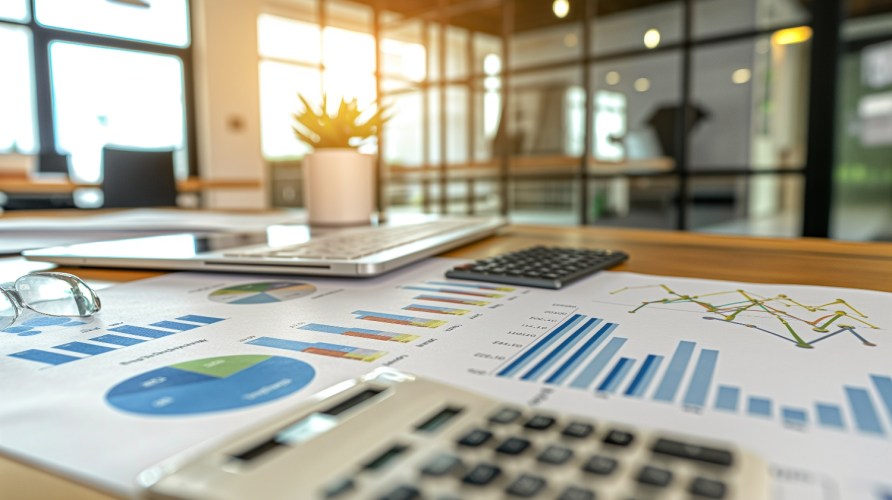 A desk in a small business showing financial projections templates.