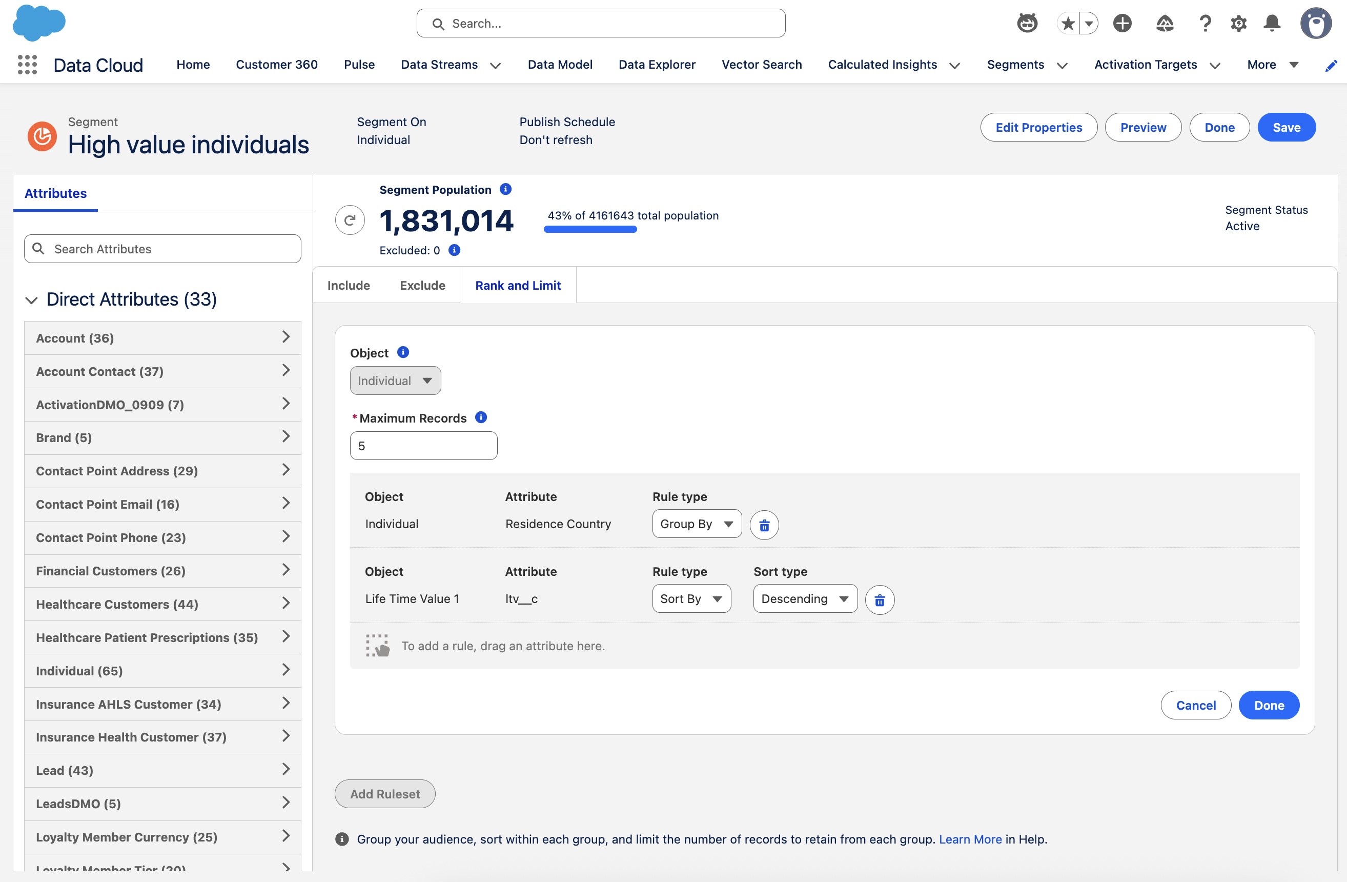 Salesforce Data 360 Segmentation - Rank and Limit tab (GRL)