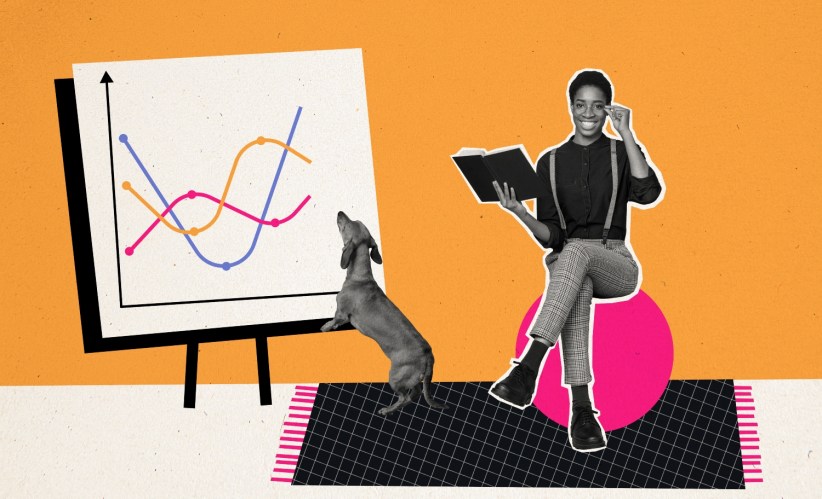 Illustration of an SMB owner sitting with a dog and chart on a ball, signifying metrics to track.