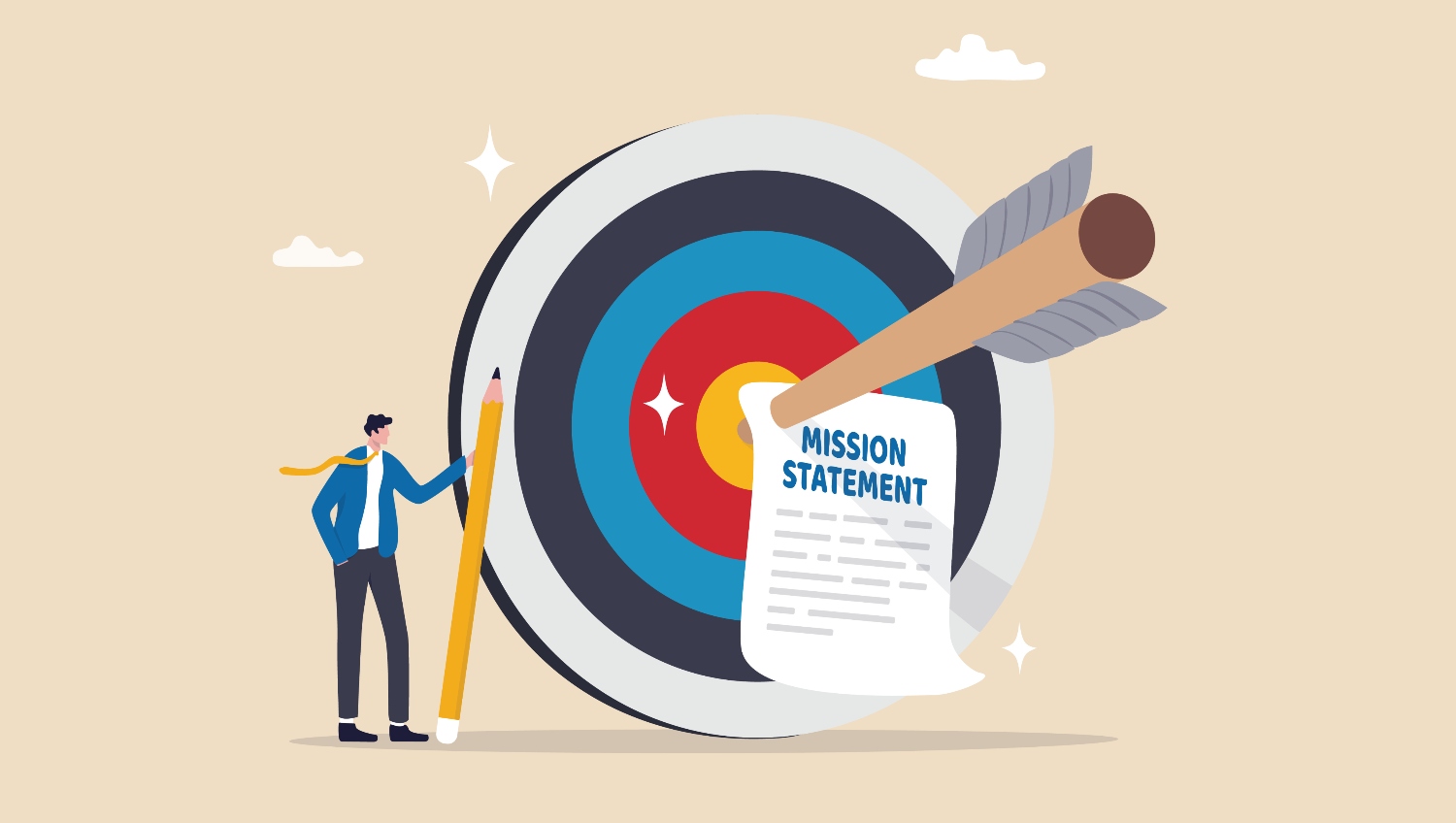Illustration of a small business owner, holding a giant pencil and a bullet target with a bullseye on a paper with Mission Statement on it. Yellow background.
